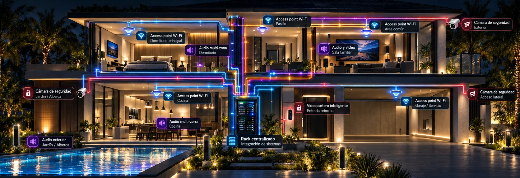 Residencia inteligente con sistemas de cámaras, Wi-Fi, audio, video y alarmas